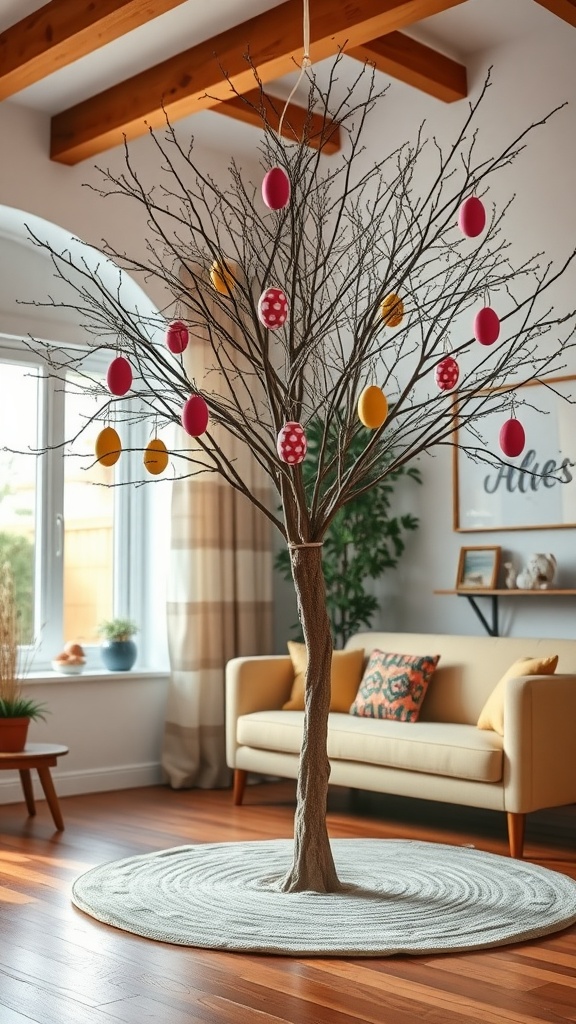 A decorative Easter egg tree with colorful eggs hanging from bare branches, set in a cozy living room.