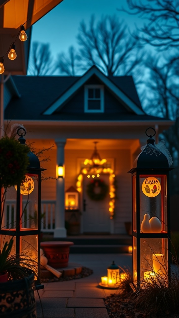 Easter lanterns illuminating a porch with warm lights, decorated for Easter.