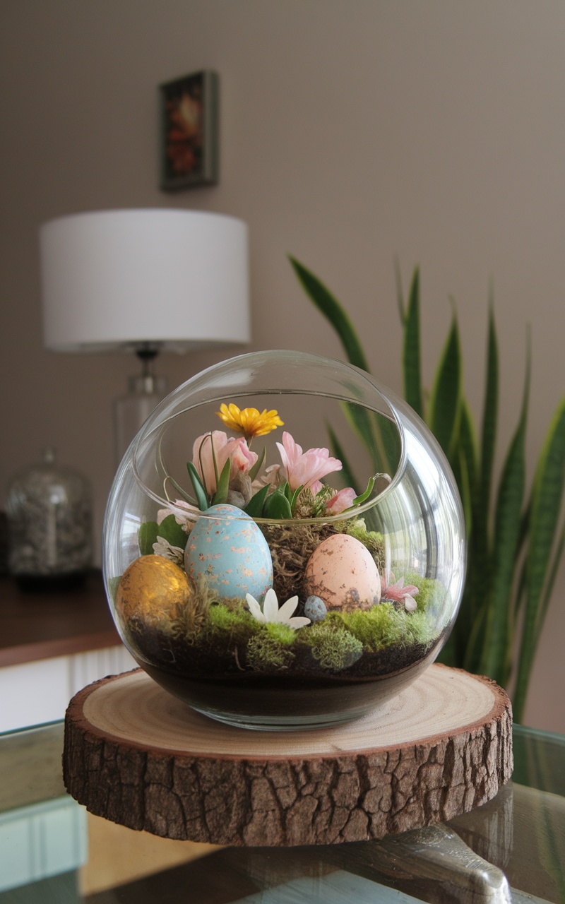 A decorative terrarium featuring colorful Easter eggs, flowers, and moss in a glass container