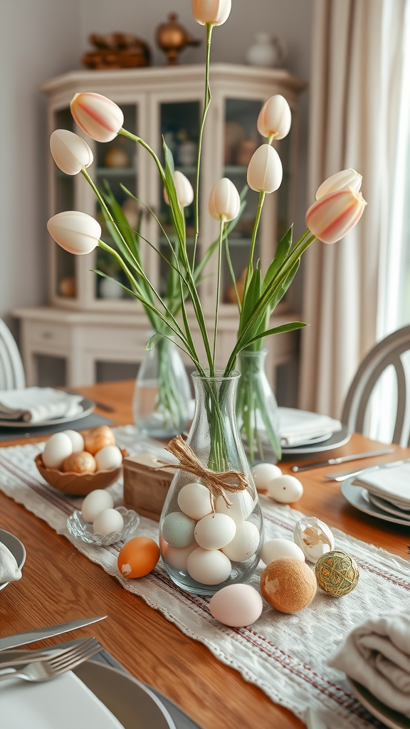 Two glass vases filled with pastel eggs and greenery on a table