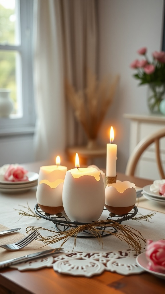 Egg-shell candles arranged on a table for Easter decor