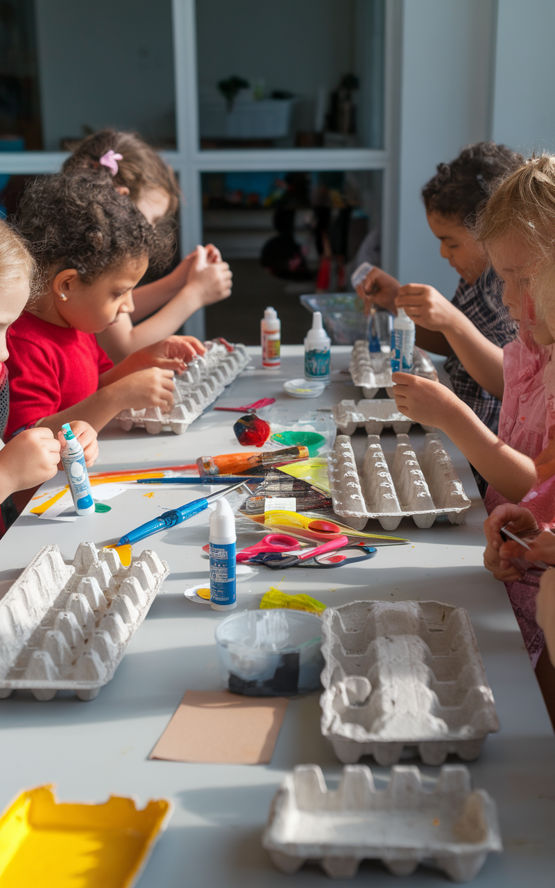 Children engaging in egg carton crafts at a table