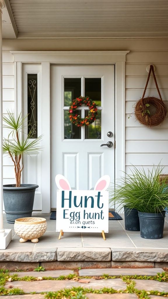 A cheerful egg hunt sign with bunny ears placed on a porch, surrounded by plants and a wreath.