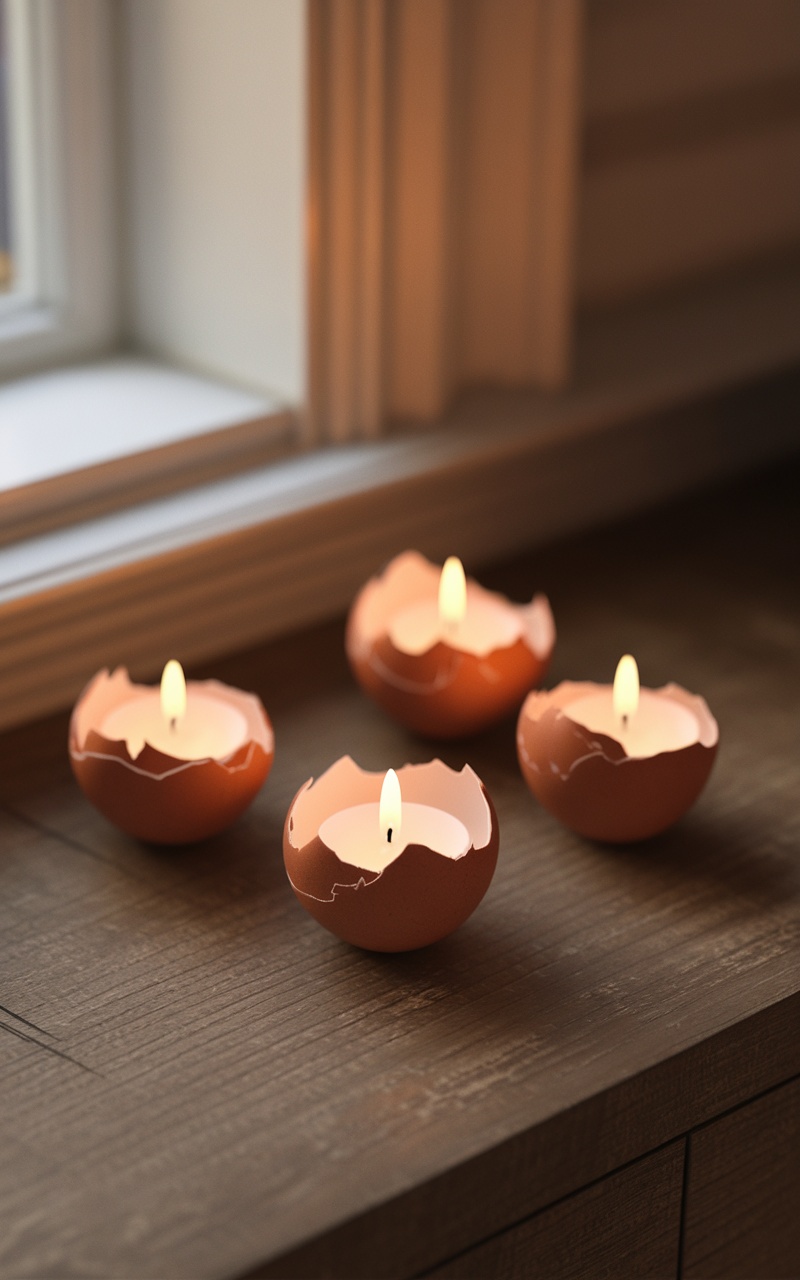 Eggshell candle holders with small flames on a wooden surface near a window