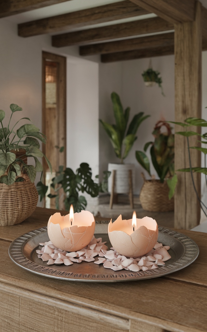 Eggshell candles placed on a decorative tray with flower petals.