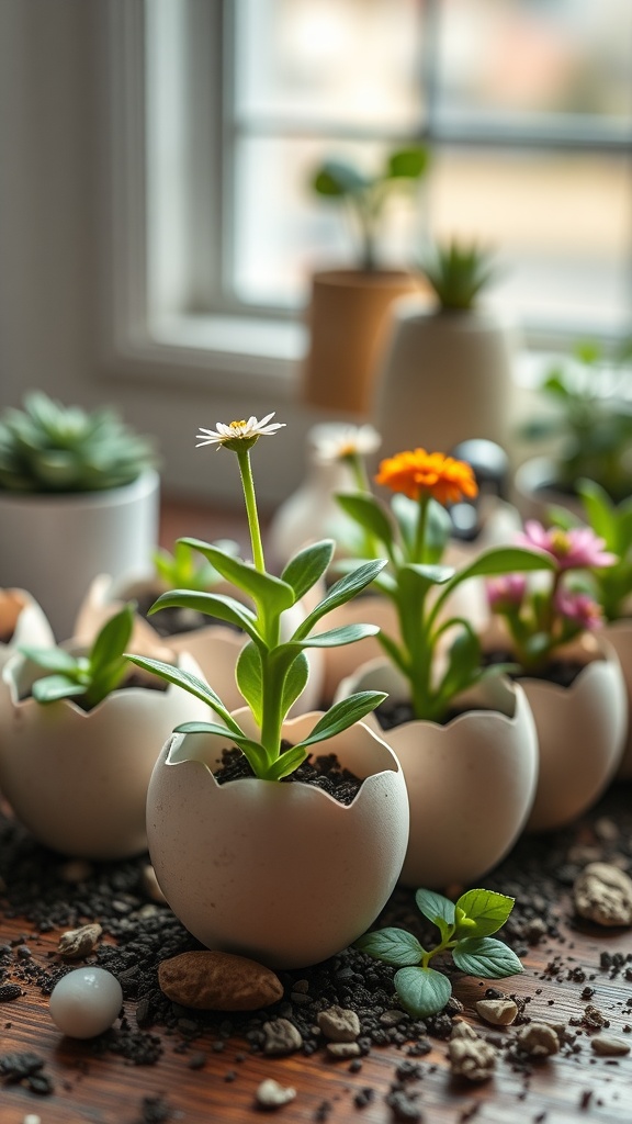 Colorful flowers in eggshell planters on a wooden surface