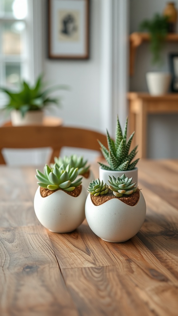 Two eggshell planters with succulents on a wooden table.