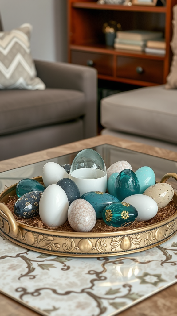 Elegant display of glass eggs arranged in a tray on a decorative table.