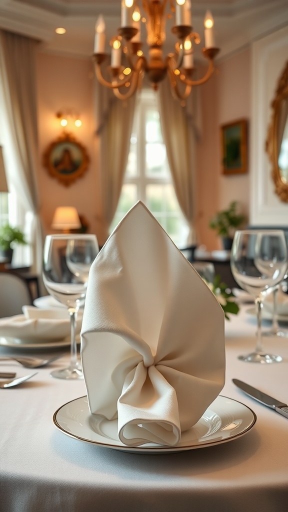 A beautifully folded white napkin on a plate, set in an elegant dining room with soft lighting.