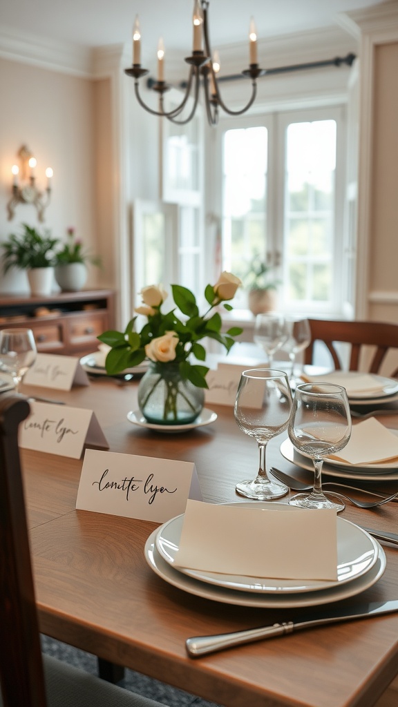 A beautifully arranged dining table with elegant place cards, glassware, and a floral centerpiece.