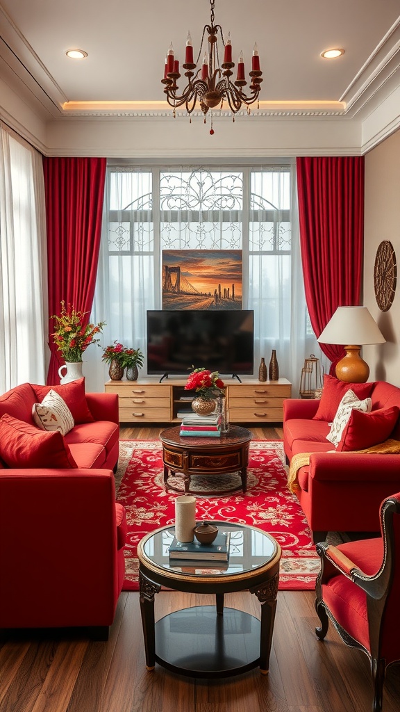 A cozy living room with red sofas, golden accents, and a beautiful rug, showcasing elegant Valentine's decor.