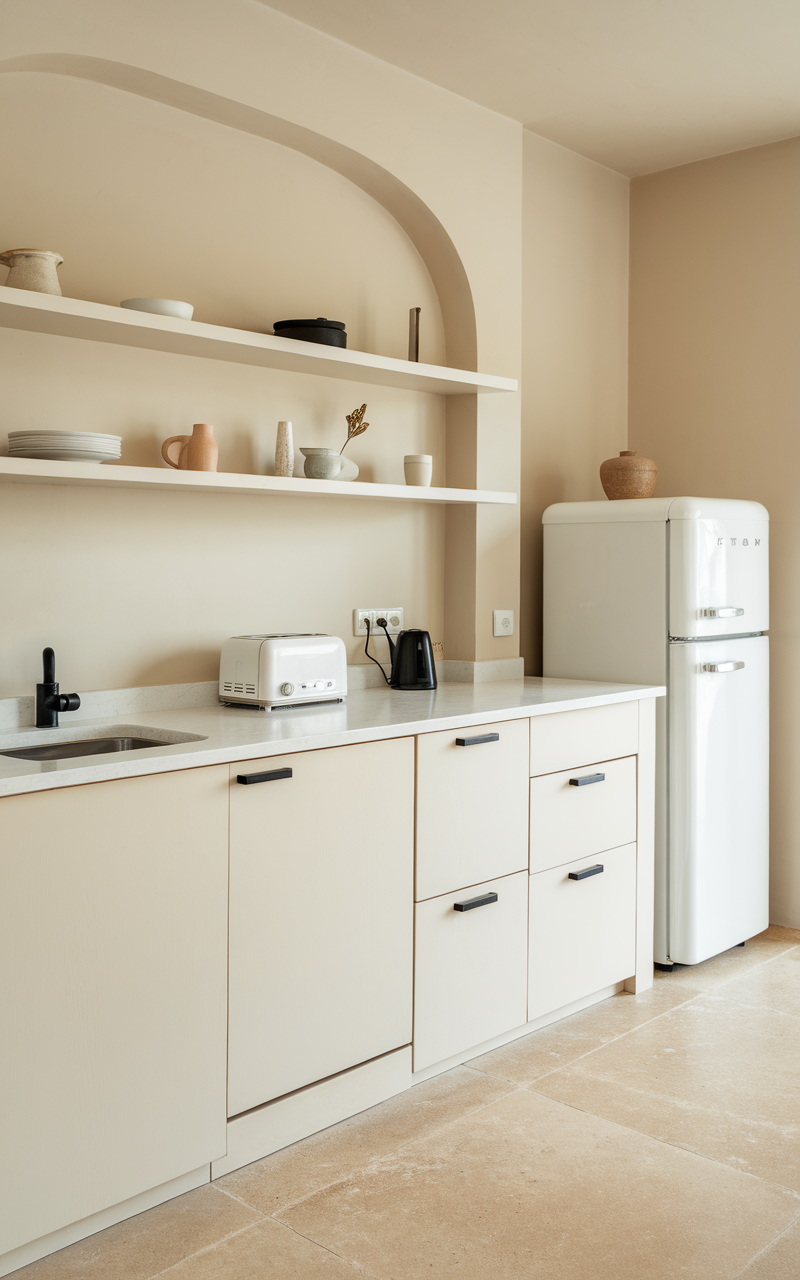 A minimalist Scandi style kitchen with white cabinetry, a potted plant, and simple decor.