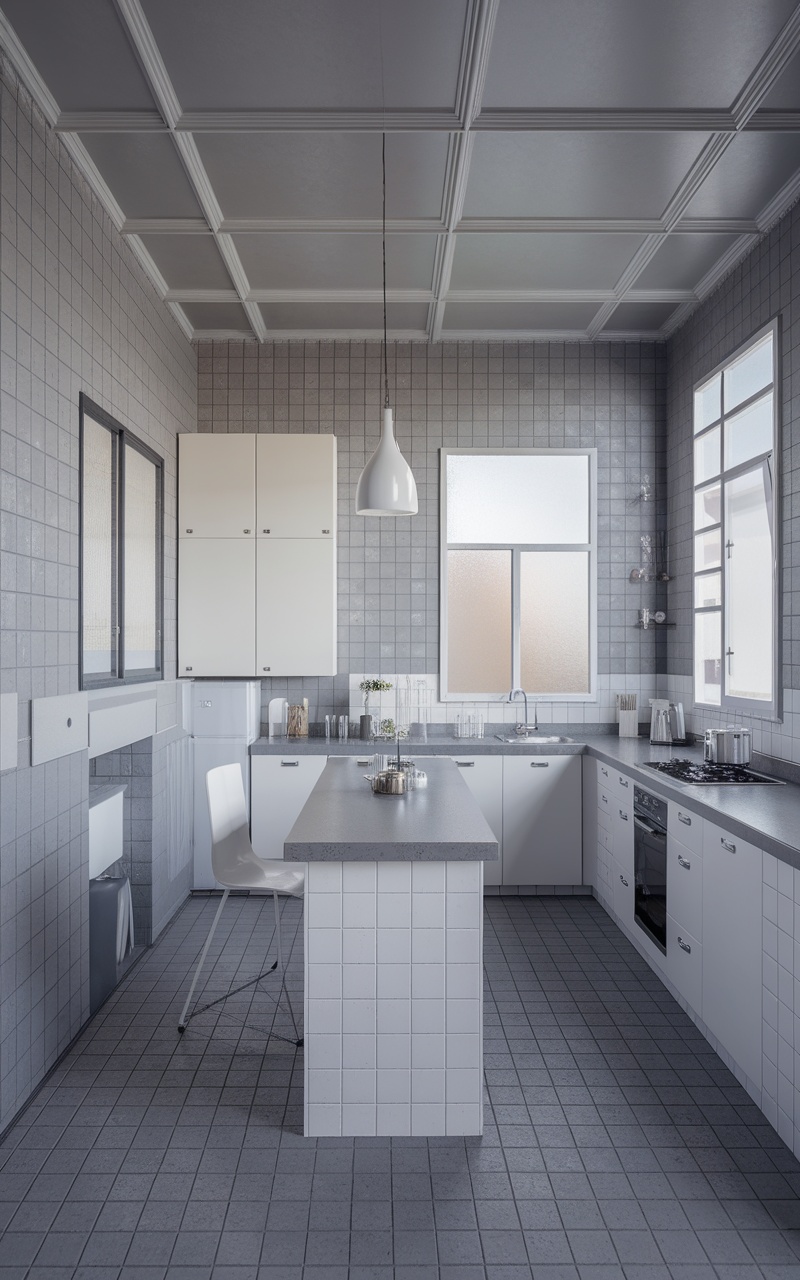 A modern Scandi style kitchen with clean lines, minimalist design, and neutral colors.