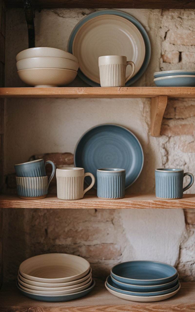 A collection of handmade pottery on a wooden table, showcasing bowls, plates, and a teapot, perfect for a Scandi style kitchen.