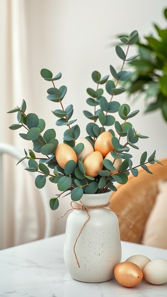 Eucalyptus and golden egg arrangement in a vase