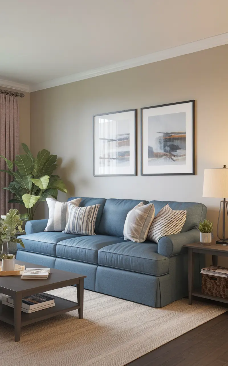 A cozy living room featuring a blue couch with throw pillows, a coffee table, and decorative plants.