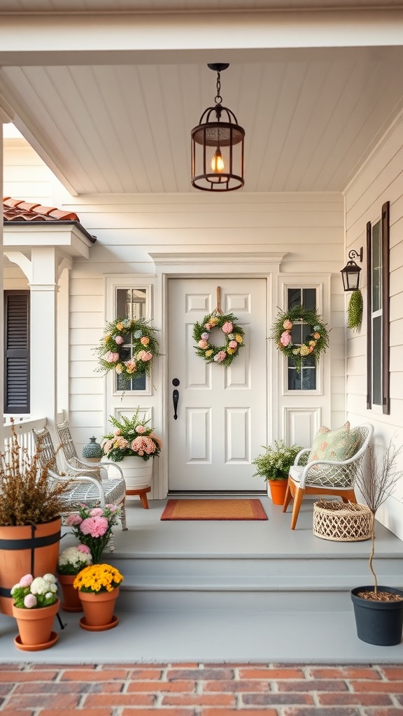 Decorated farmhouse porch for Easter with flowers, wreaths, and seating.