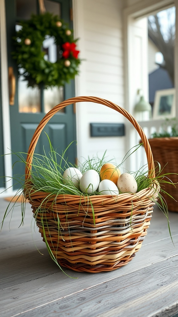 A wicker basket filled with eggs and grass on a porch