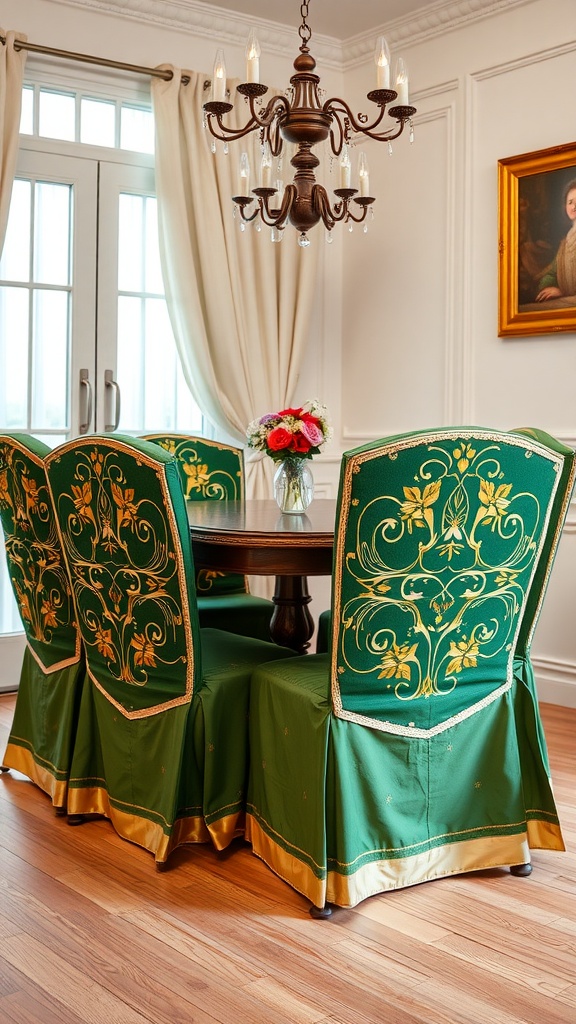 Festive green chair covers with gold accents around a dining table, decorated for St. Patrick's Day.