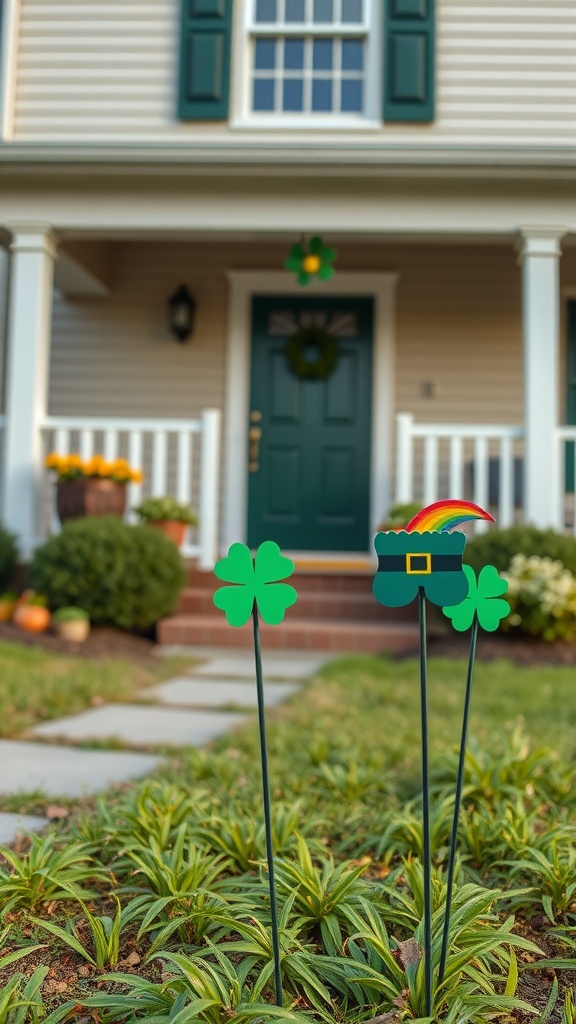 Colorful garden stakes with shamrocks and a leprechaun hat in a front yard.