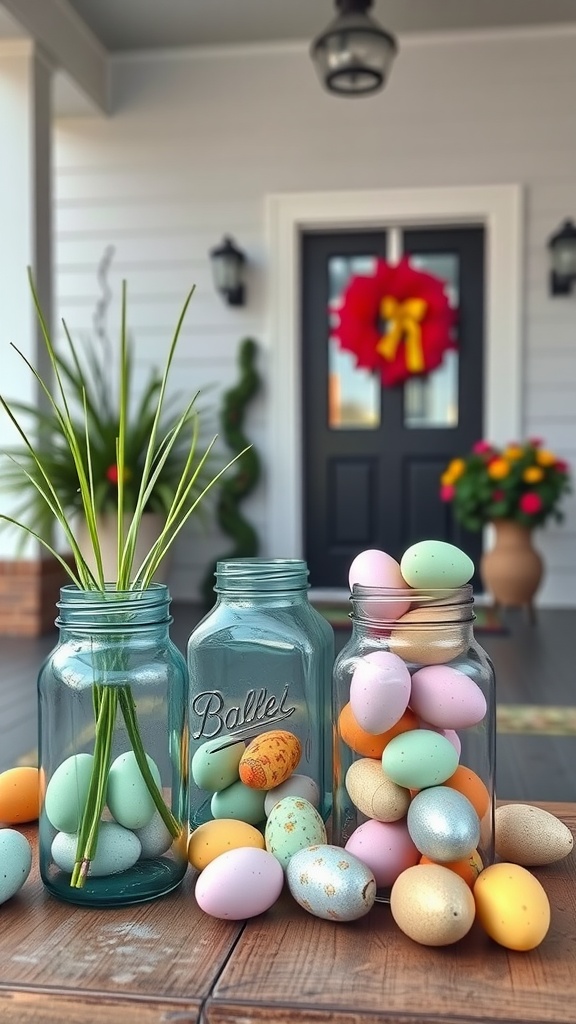 Decorative glass jars filled with colorful Easter eggs on a porch