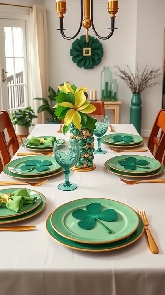 A beautifully set table for St. Patrick's Day featuring green plates, shamrock designs, yellow flowers, and decorative glassware.