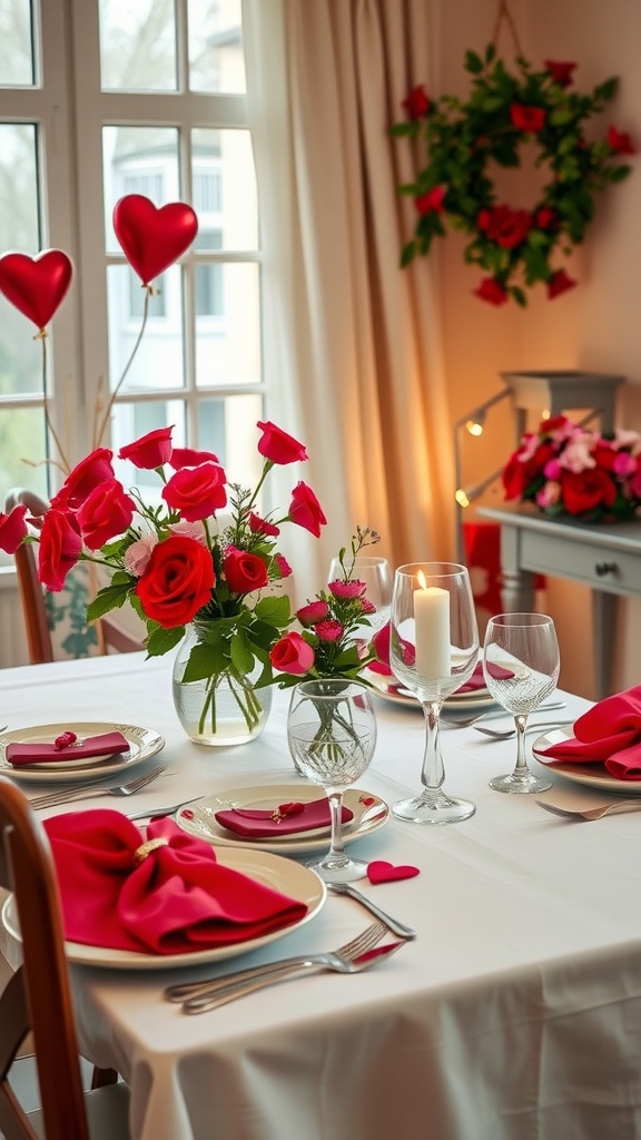 A beautifully arranged Valentine's Day table setting with red roses, heart-shaped balloons, and elegant dinnerware.