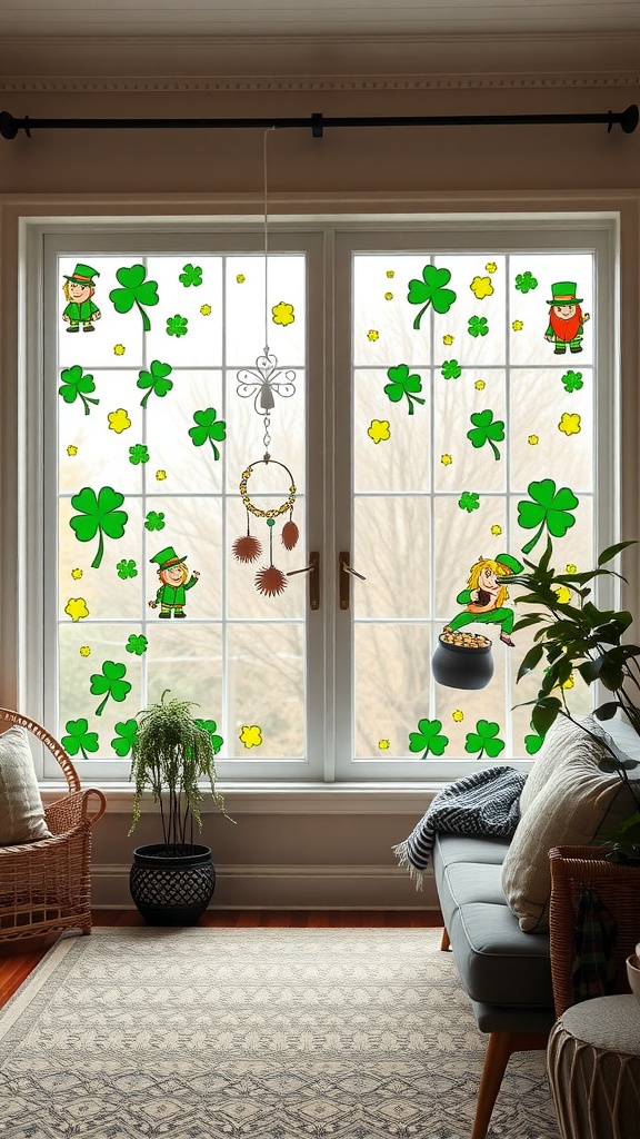 Colorful window clings featuring leprechauns and shamrocks for St. Patrick's Day.