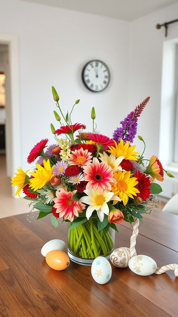 A vibrant floral centerpiece featuring colorful flowers and decorated eggs on a wooden table.