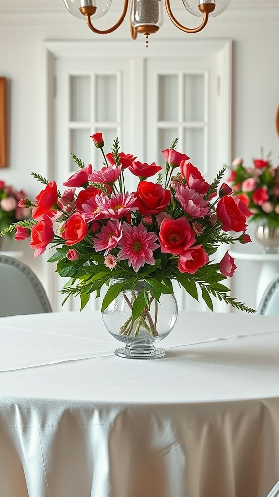 A vibrant floral centerpiece featuring red and pink flowers in a clear glass vase on a white table.