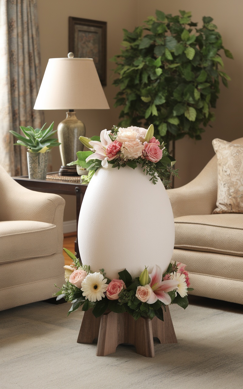 A large white egg centerpiece decorated with flowers, sitting in a cozy living room.