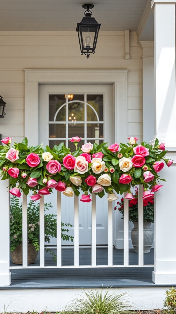 A beautiful floral garland of pink and cream roses hanging on a white porch railing, welcoming love to the home.