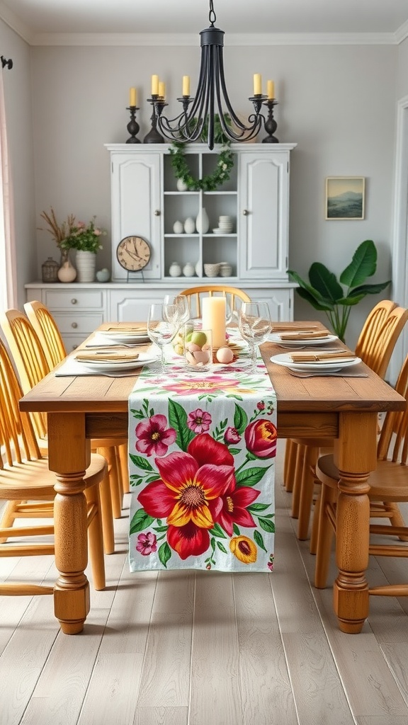 A bright floral table runner on a wooden dining table with plates and candles, creating a cheerful Easter setting