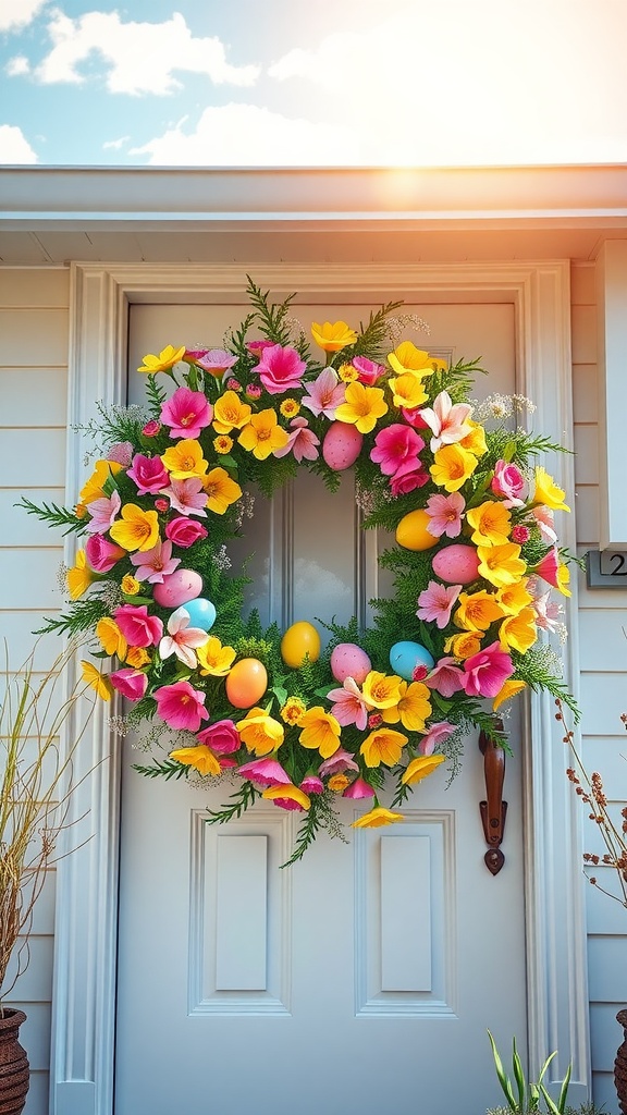 A colorful floral wreath with flowers and Easter eggs hanging on a door.