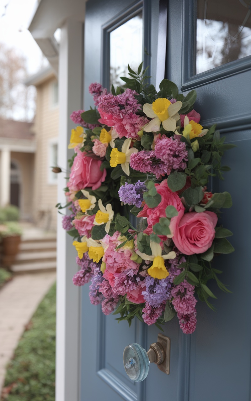 A colorful floral wreath adorned with pink roses, daffodils, and lilacs, hanging on a blue front door.