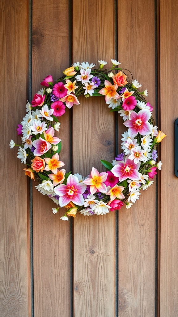 A vibrant flower-decorated wreath showcasing a variety of colorful blooms on a wooden wall.