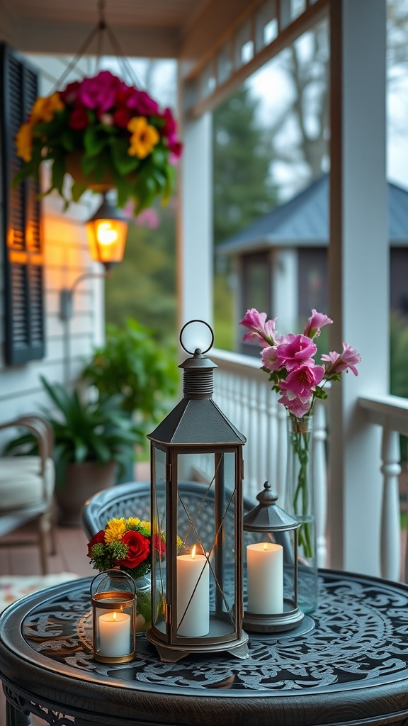 A cozy Easter porch setup with flower-embellished lanterns, colorful blooms, and candles.