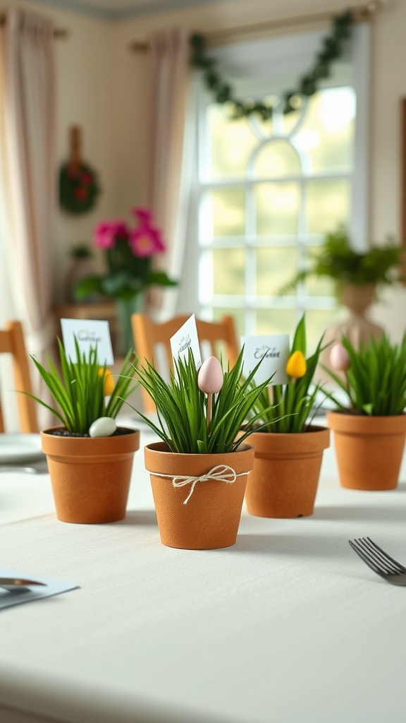 Flower pot place cards for Easter table setting with green grass and pastel eggs