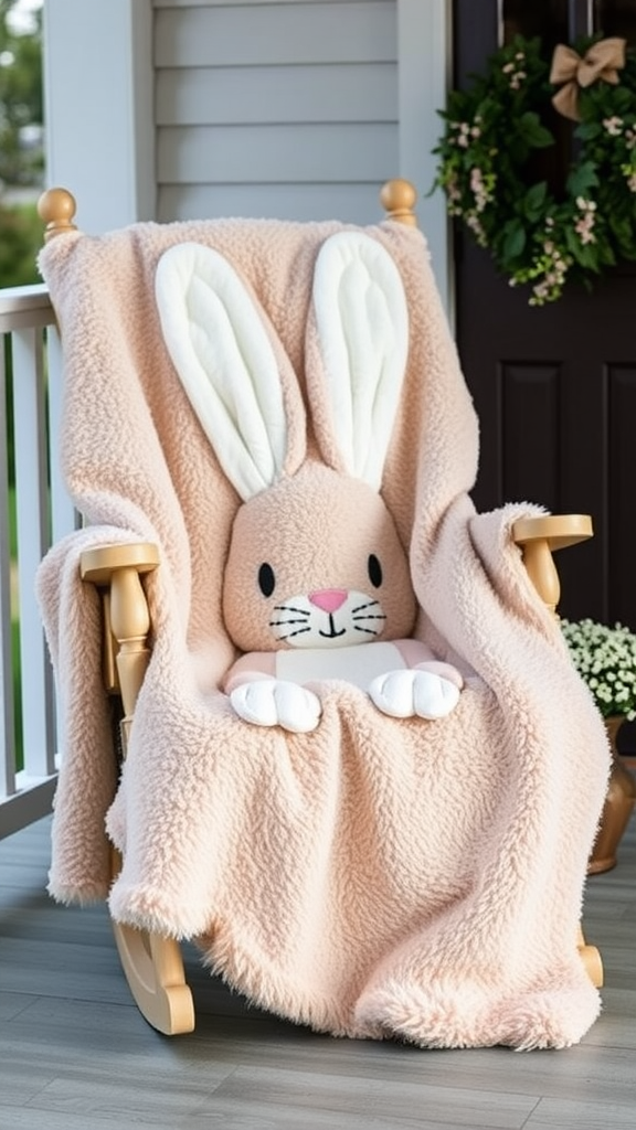 A cozy pink fluffy blanket draped over a rocking chair on a porch, accompanied by a plush bunny toy.