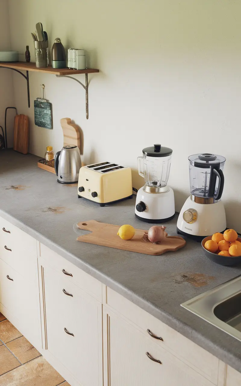 Clean and organized Scandi style kitchen counter with kitchen appliances and fresh fruits.