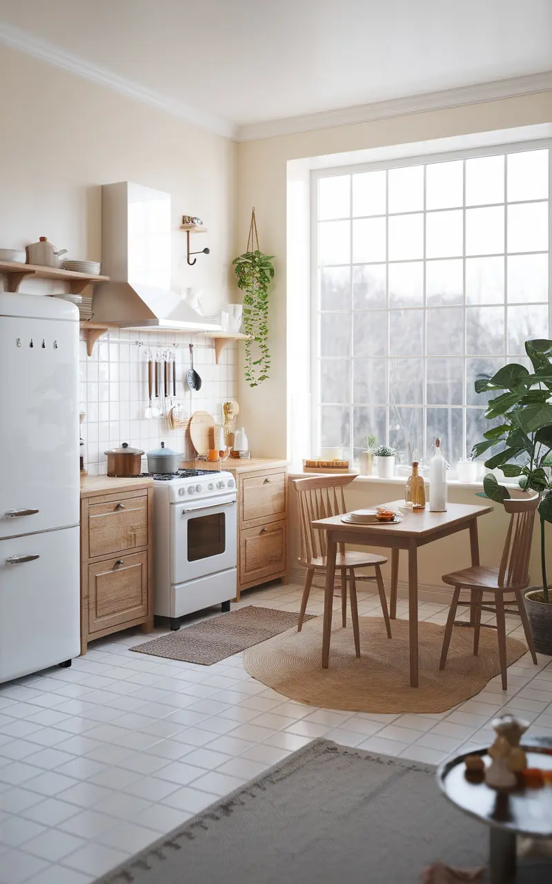 A bright and spacious Scandi style kitchen featuring large windows, wooden furniture, and minimalistic decor.