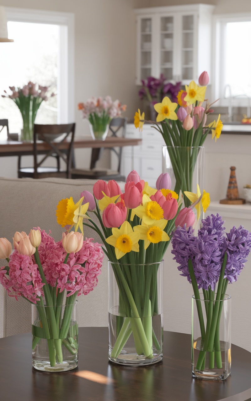 A collection of vibrant flower arrangements featuring tulips, daffodils, and hyacinths in clear glass vases on a wooden table.