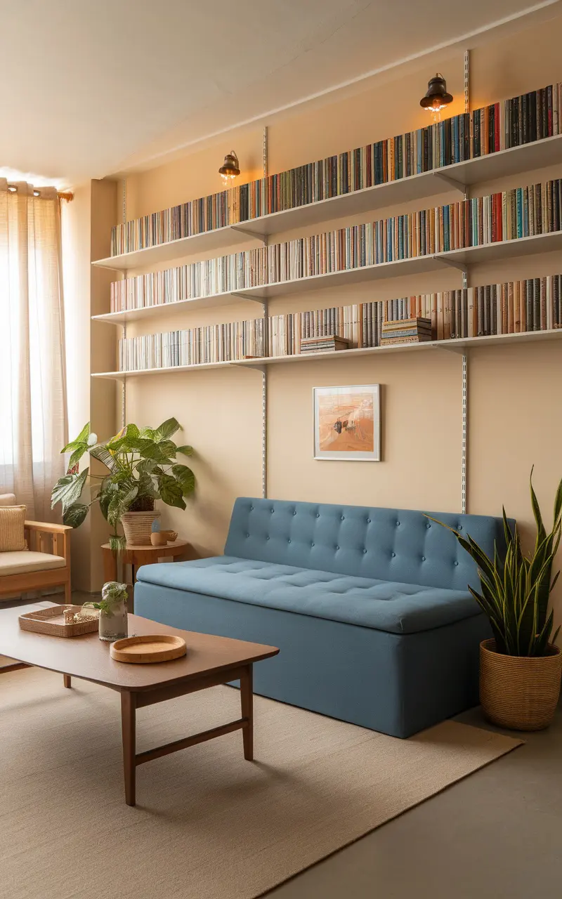 A blue couch in a bright living room with bookshelves and plants.