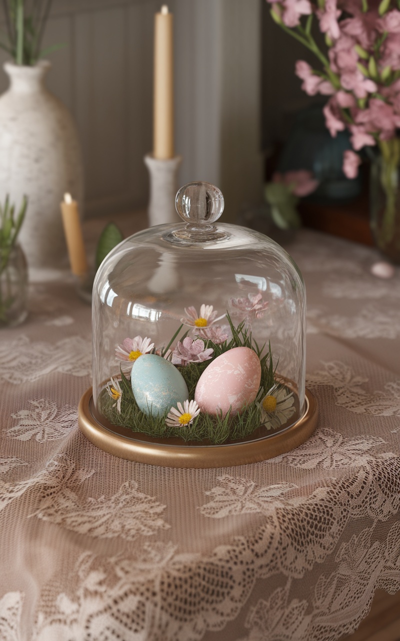 A decorative glass cloche with pastel Easter eggs and flowers displayed on a lace tablecloth.