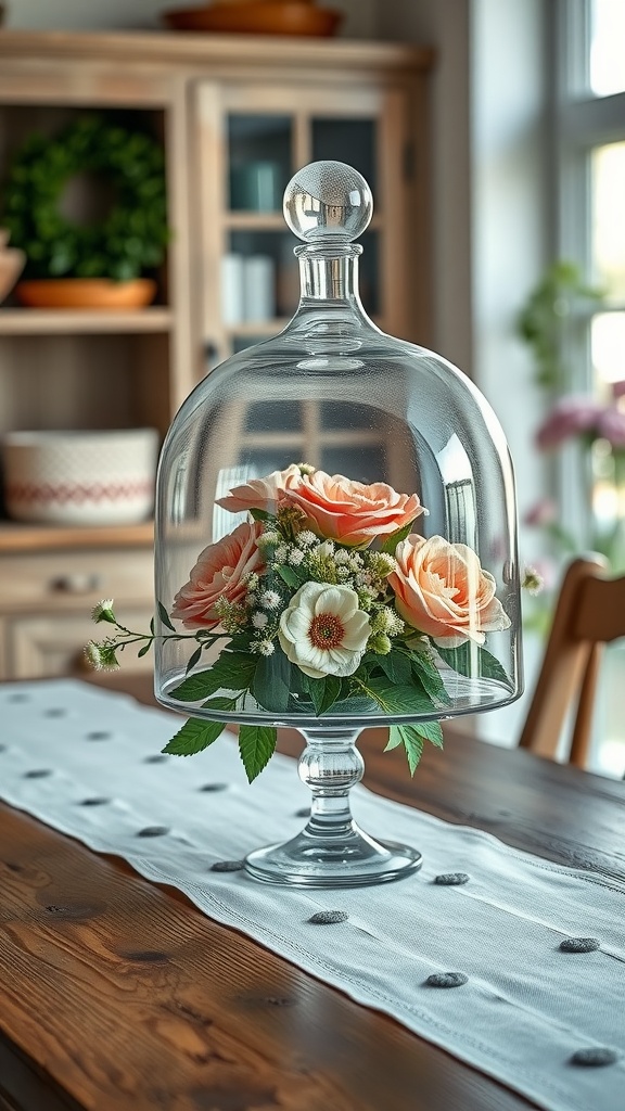 A glass cloche showcasing a floral arrangement of pastel roses and daisies on a wooden table.