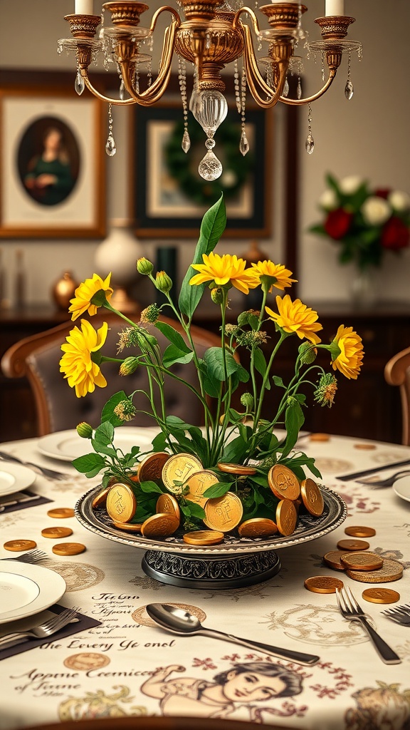 A decorative centerpiece featuring yellow flowers and gold coins, perfect for St. Patrick's Day.