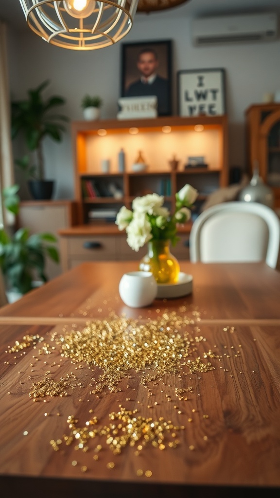 A wooden table decorated with gold glitter scattered across it, featuring flowers and decorative items.