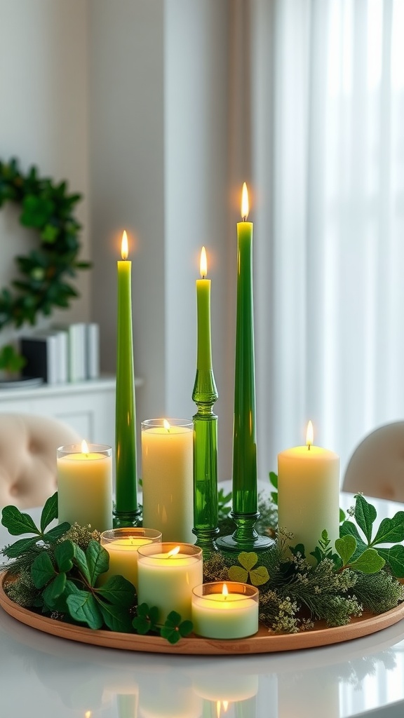 A beautiful arrangement of green candles in various heights surrounded by greenery, creating a cozy and festive St. Patrick's Day decor.