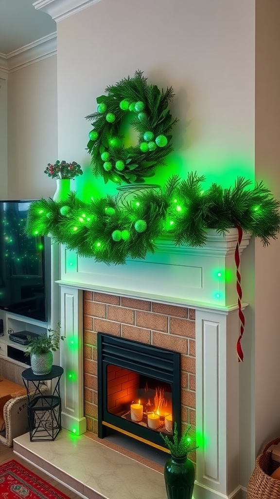 A beautifully decorated mantel with green fairy lights, a wreath, and candles for St. Patrick's Day.