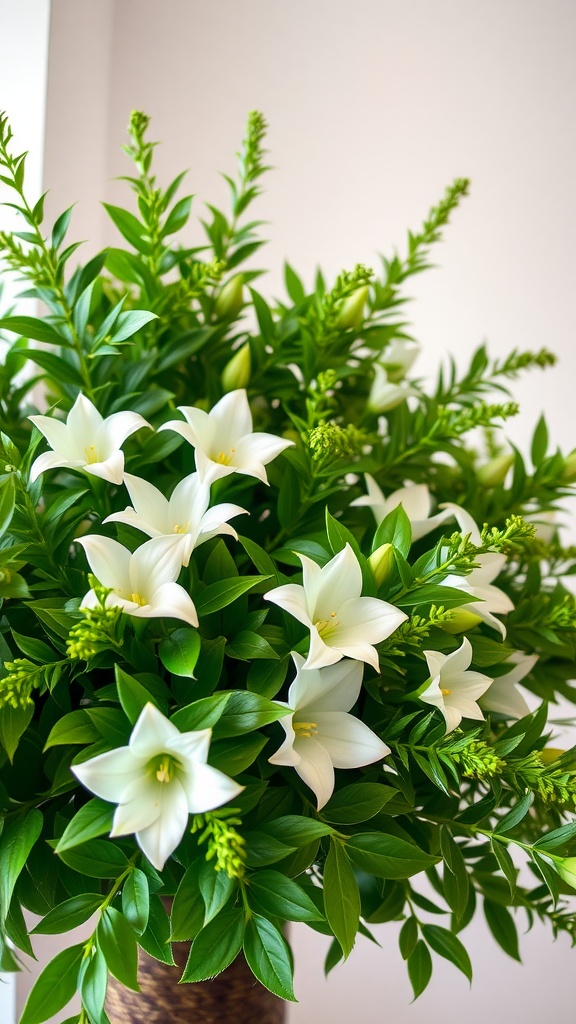 A floral arrangement featuring white flowers and green foliage.